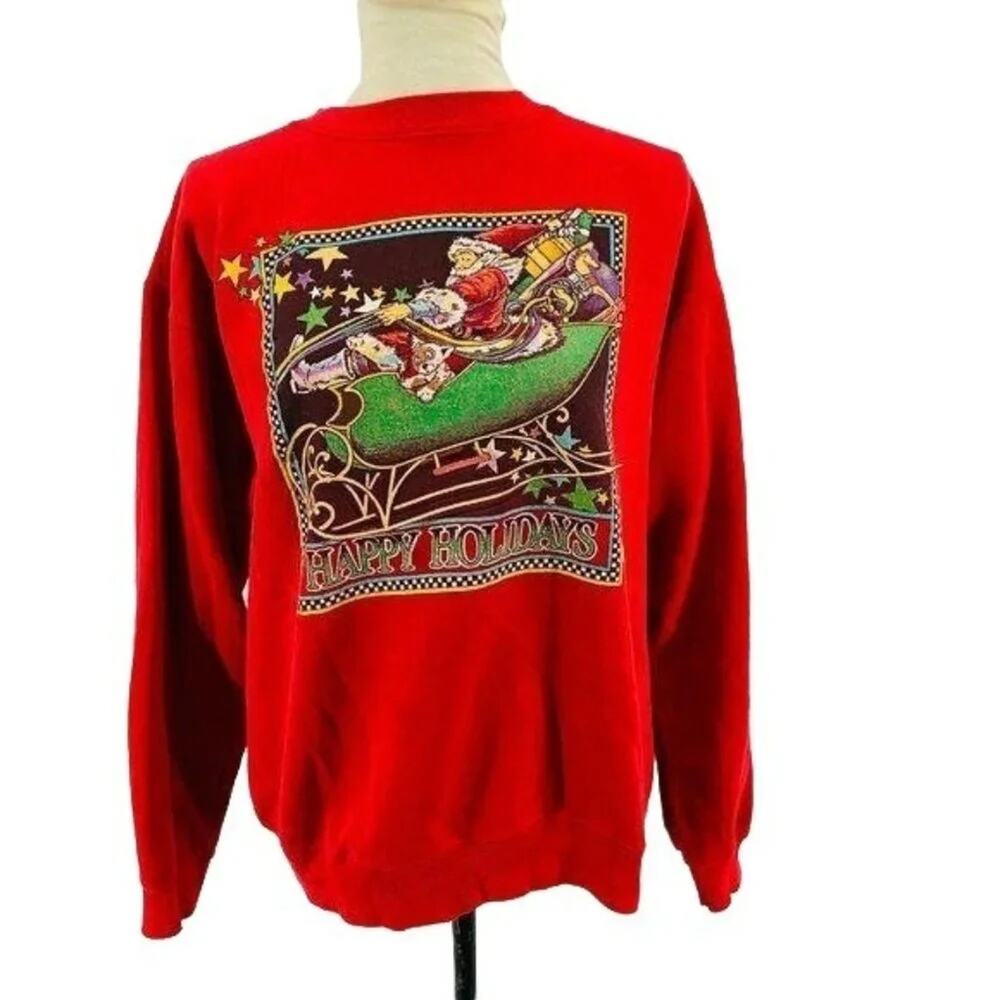 Vintage Hanes Santa Sleigh Dog Christmas Sweatshirt Womens Large